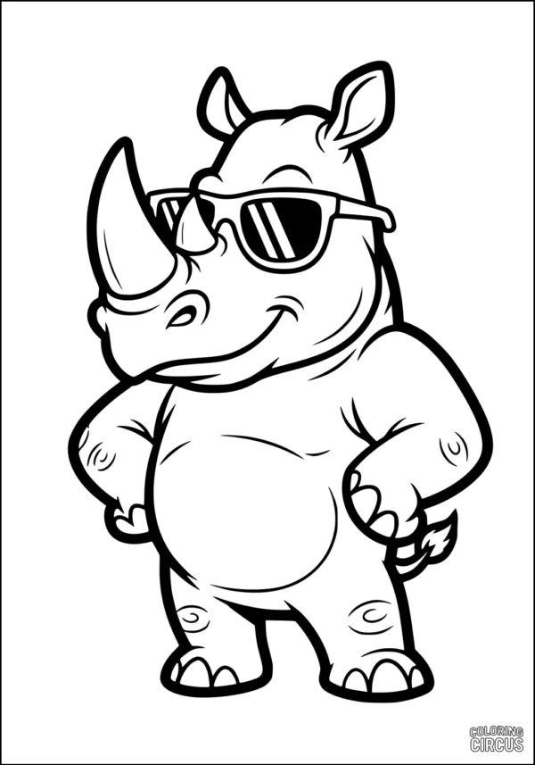 Coloring page featuring a cartoon rhinoceros wearing sunglasses, standing confidently and smiling