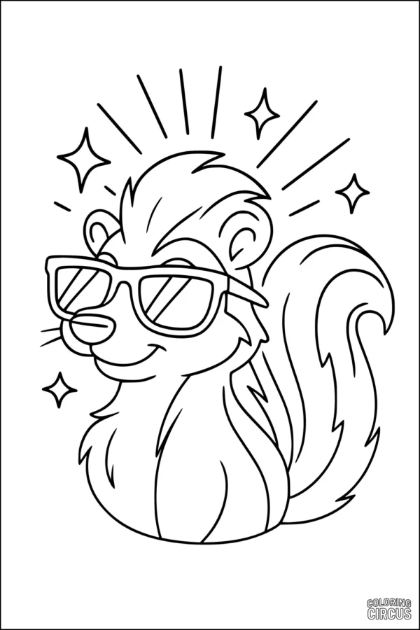 Coloring page featuring a cute cartoon skunk wearing sunglasses with sparkles around it
