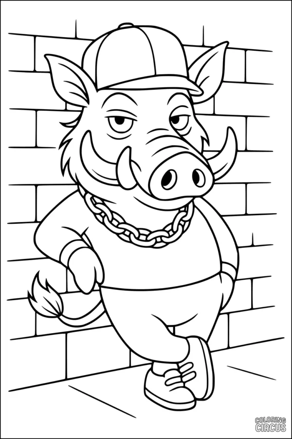 Coloring page showing a cartoon warthog in a cap, chain, and sneakers leaning against a brick wall