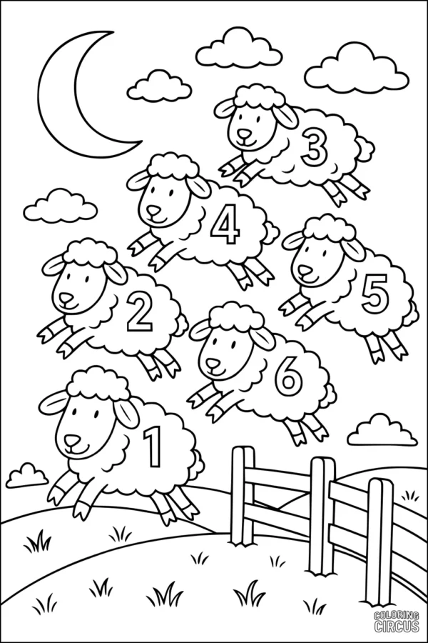 Coloring page with six numbered sheep jumping over a fence, moon and clouds in the sky
