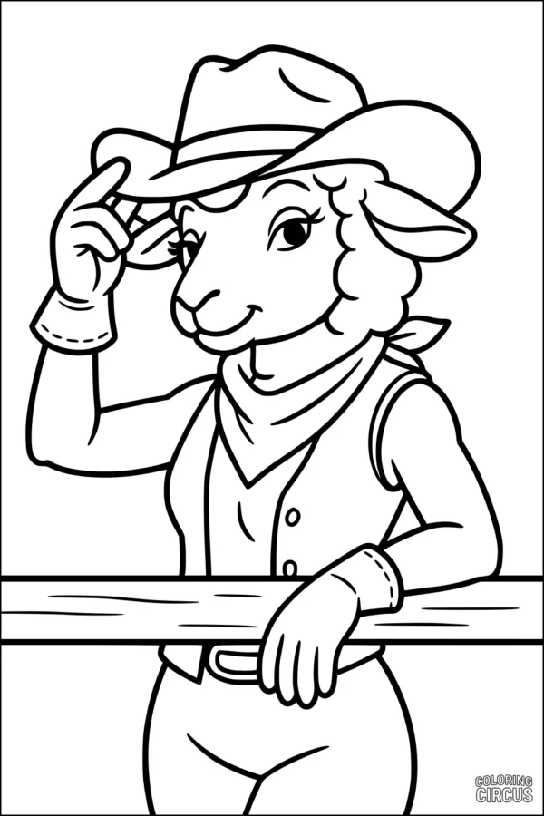 Coloring page featuring a friendly sheep dressed as a cowboy with hat, vest, and bandana at a farm fence.
