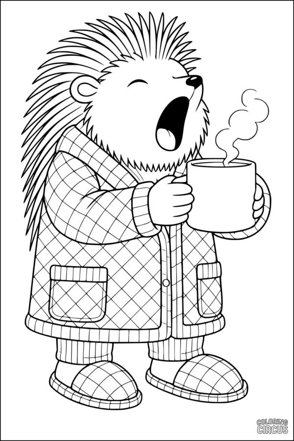 Coloring page of a cartoon porcupine in pajamas yawning and holding a steaming mug