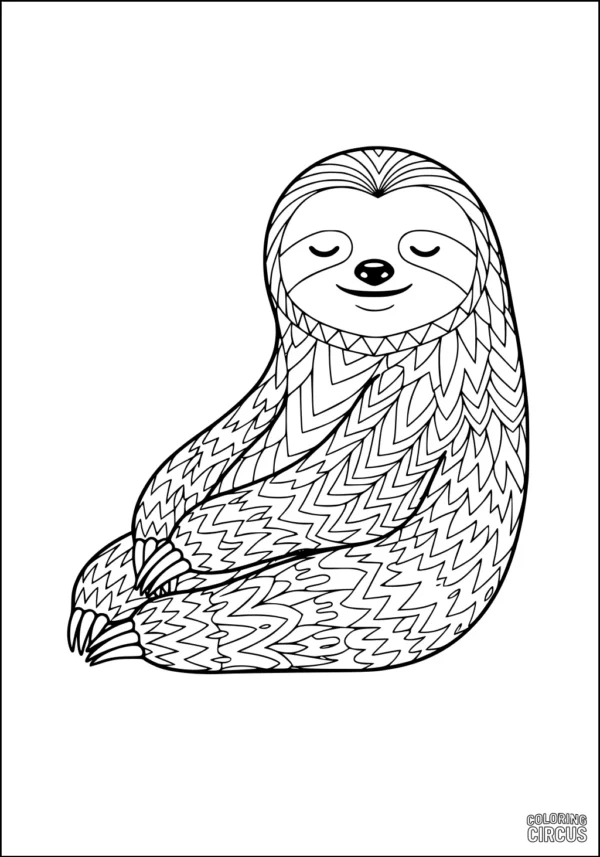 Coloring page of a patterned cartoon sloth resting with detailed zigzag fur