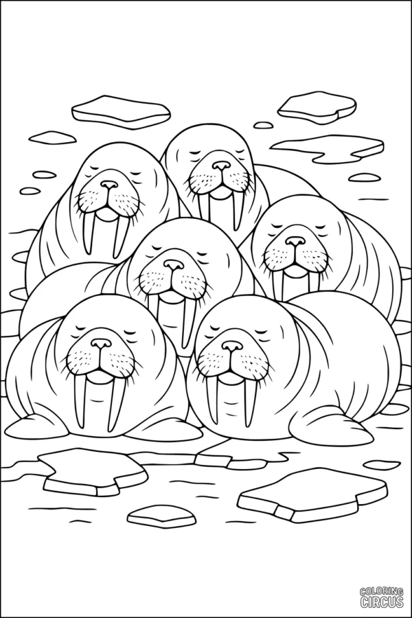 Coloring page of six cartoon walruses napping on icy Arctic floes