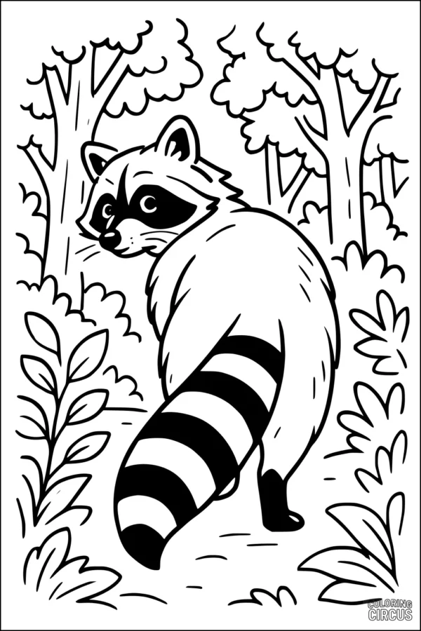 Coloring page featuring a raccoon with striped tail in a simple forest setting