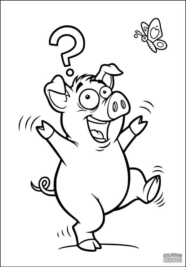 Coloring page showing a happy cartoon pig with a question mark and a butterfly overhead