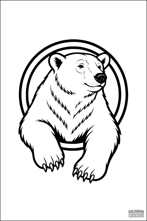 Coloring page of a friendly cartoon polar bear with paws resting in front, framed by two bold circles