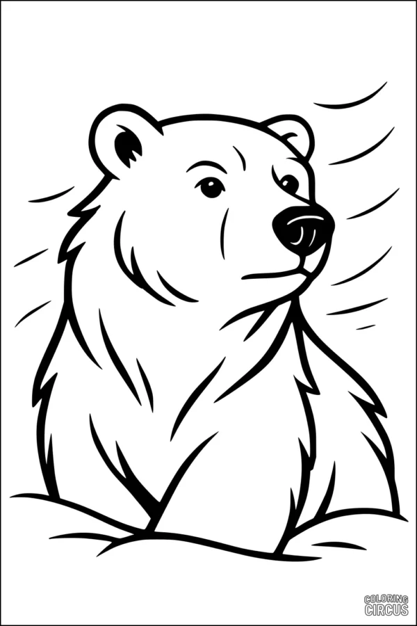 Coloring page featuring a cartoon polar bear sitting in snow with swirly wind lines