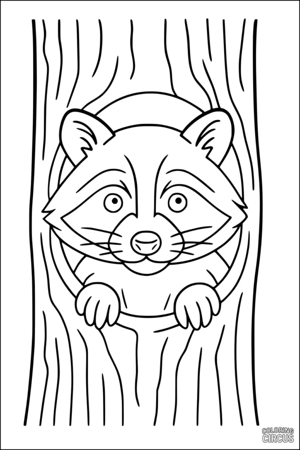 Coloring page of a cute raccoon peeking out of a tree hollow