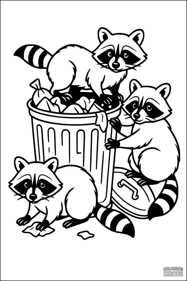 Coloring page showing three cartoon raccoons exploring a garbage can
