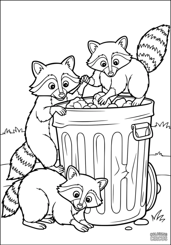 Coloring page with three cartoon raccoons exploring a trash bin in a grassy park scene