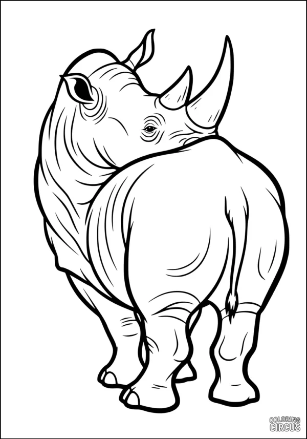 Coloring page showing a rhinoceros looking backward with detailed features for children