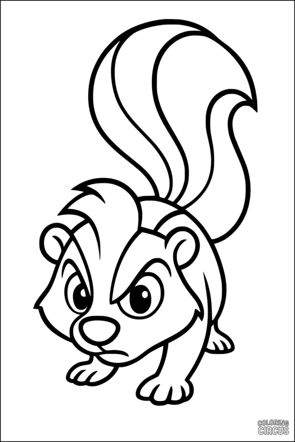 Coloring page showing a cartoon-style skunk with a large tail and bold stripes, suitable for young children