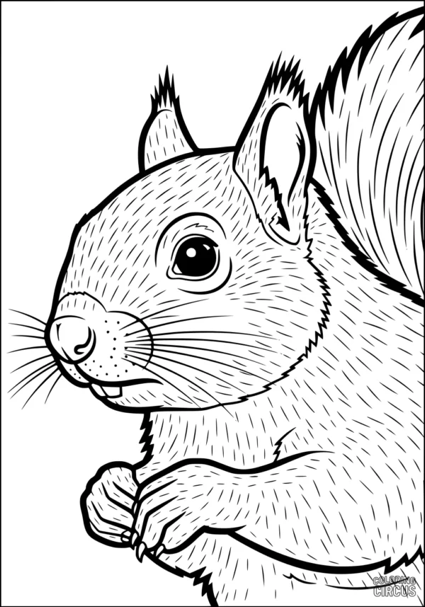 Coloring page featuring a detailed squirrel with whiskers, bushy tail, and paws held up
