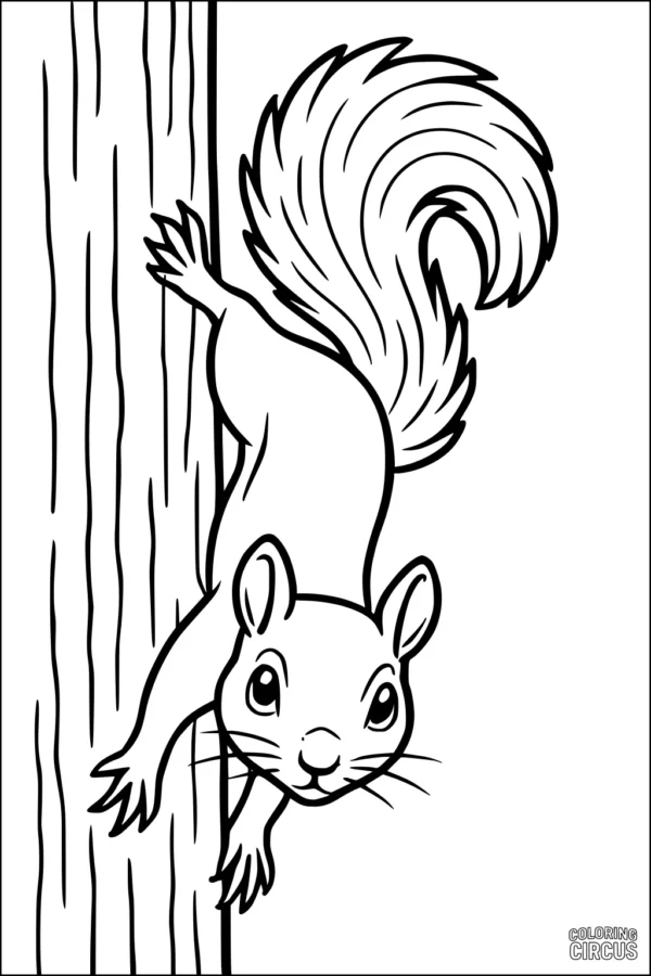 Coloring page featuring a cute cartoon squirrel climbing down a tree with a fluffy tail.
