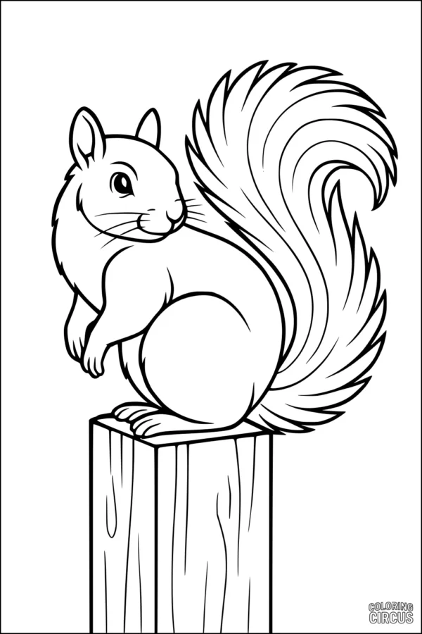 Coloring page featuring a cute squirrel sitting on a wooden post with a big bushy tail