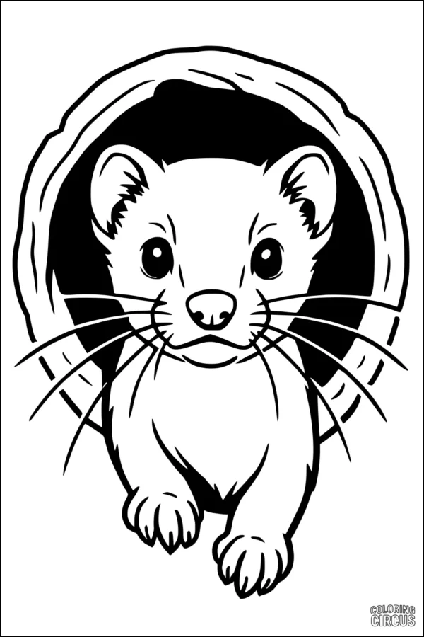 Coloring page of a friendly weasel poking its head out of a tree log