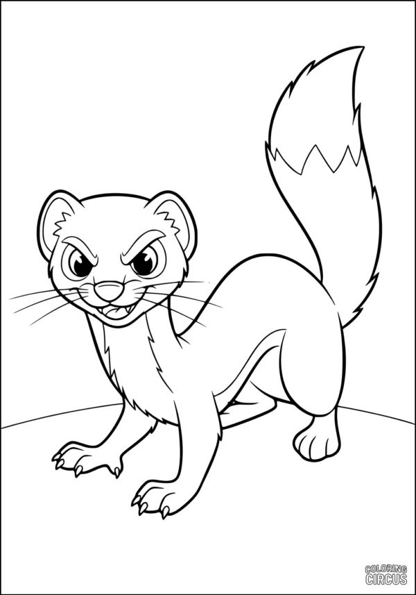 Coloring page of a cute cartoon weasel with a big bushy tail, standing on the ground.