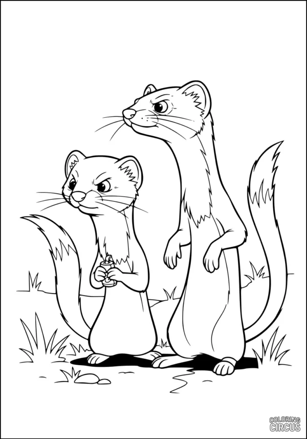 Coloring page of two cartoon weasels standing in grass, one holding an acorn