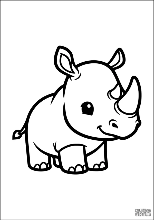 Coloring page of a cute, smiling baby rhinoceros standing and looking forward