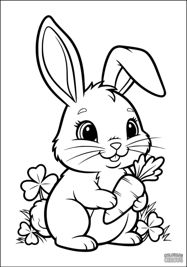 Coloring page of a smiling cartoon rabbit holding a carrot, surrounded by clover leaves