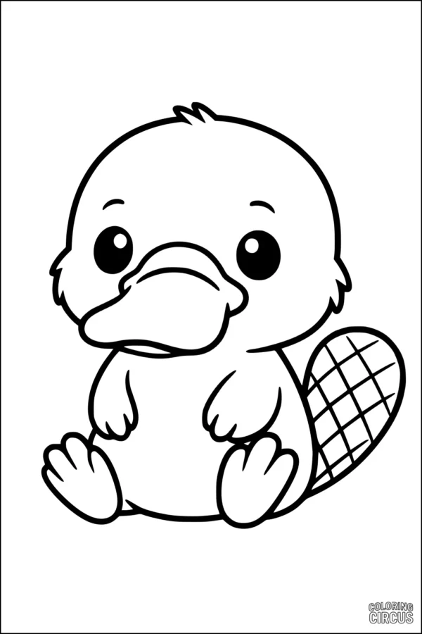 Coloring page featuring a cute cartoon platypus sitting with a big bill and a flat tail, perfect for young children.