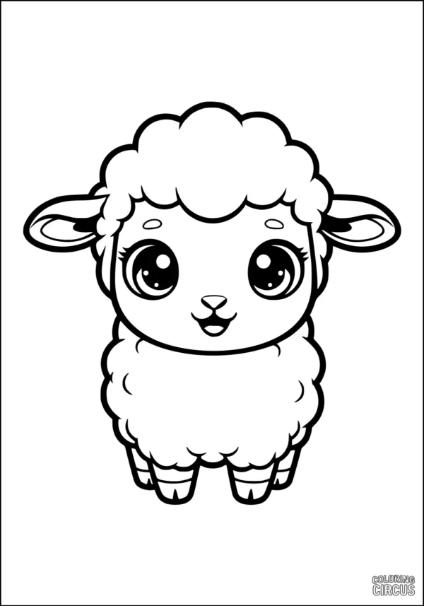 Coloring page featuring a cute cartoon sheep with big eyes and fluffy wool