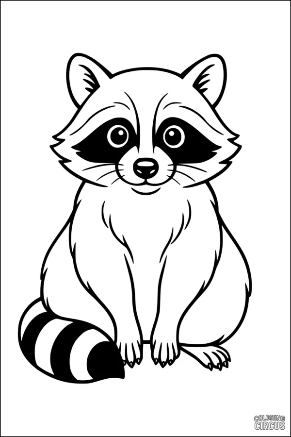 Coloring page of a cartoon raccoon sitting, with large eyes and striped tail.