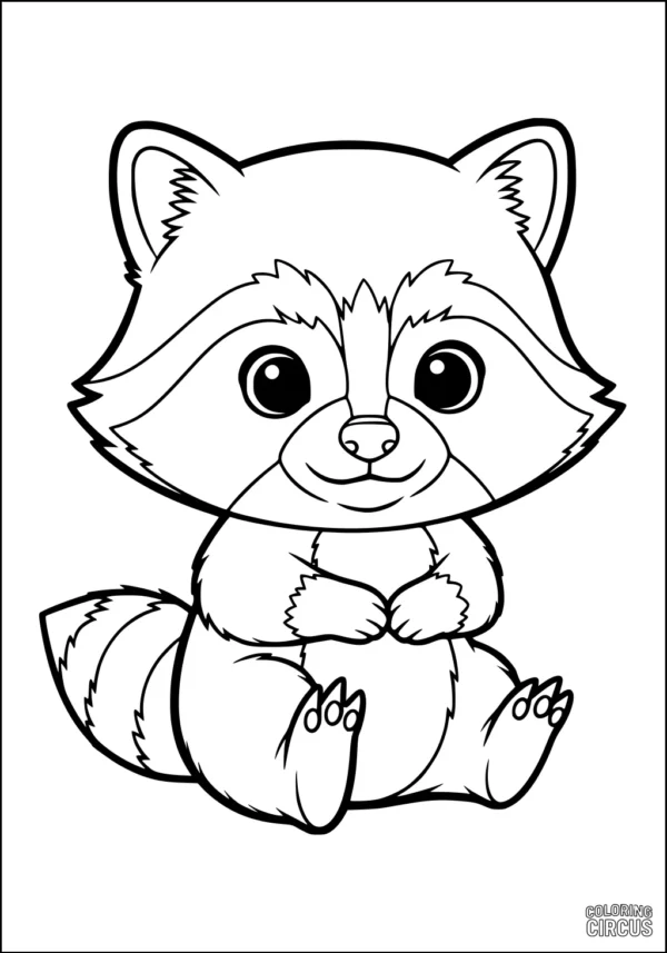 Coloring page of a cute, cartoon raccoon sitting with big eyes and fluffy tail