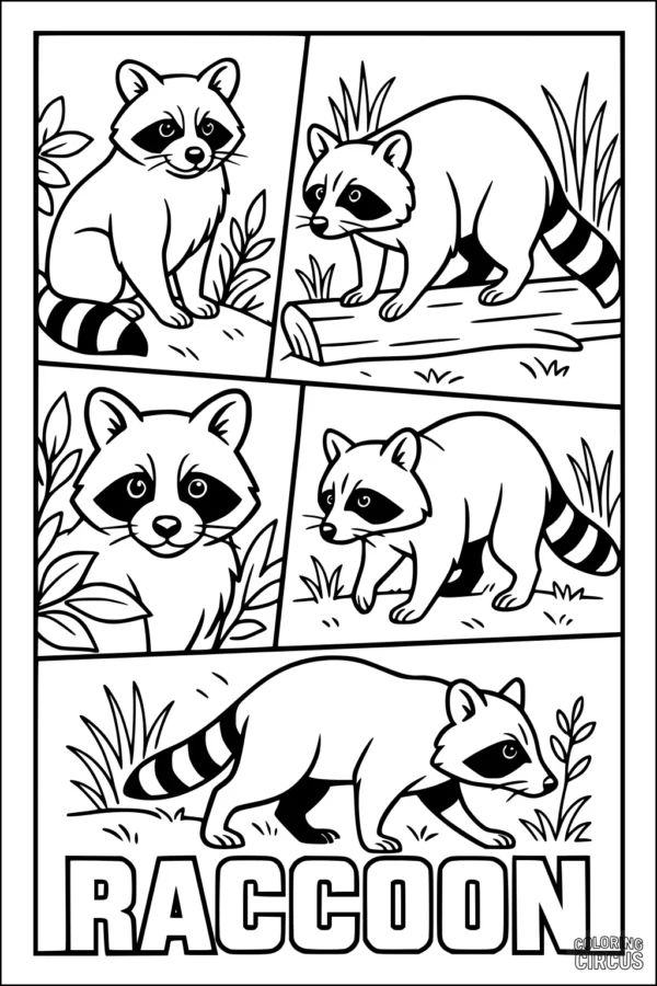 Coloring page featuring cute cartoon raccoons in a forest setting