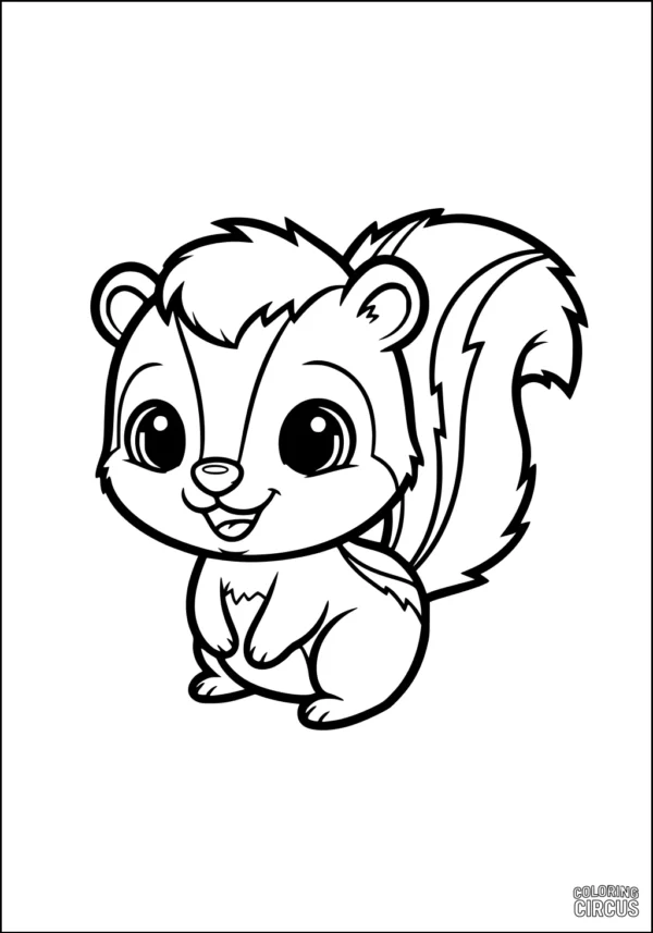 Coloring page featuring a cartoon skunk with a big cheerful face and bushy tail, suitable for young children