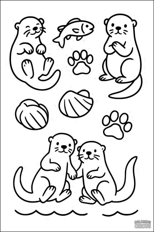 Coloring page featuring cartoon otters, fish, shells, and paw prints