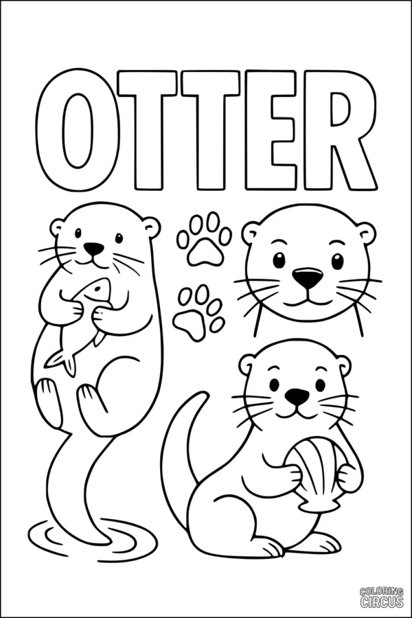 Coloring page showing three cartoon otters with a fish, a shell, paw prints, and the word 'OTTER' in large letters