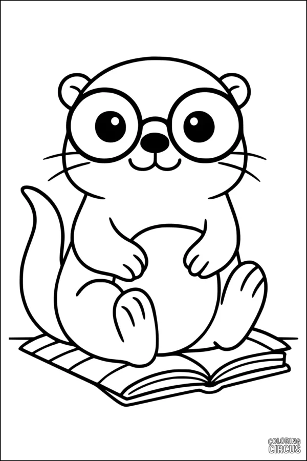 Coloring page featuring a cute otter with glasses sitting on an open book, perfect for kids