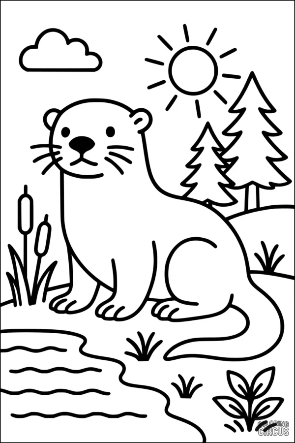 Coloring page showing a friendly otter near a riverbank with trees, sun, cattails, and plants