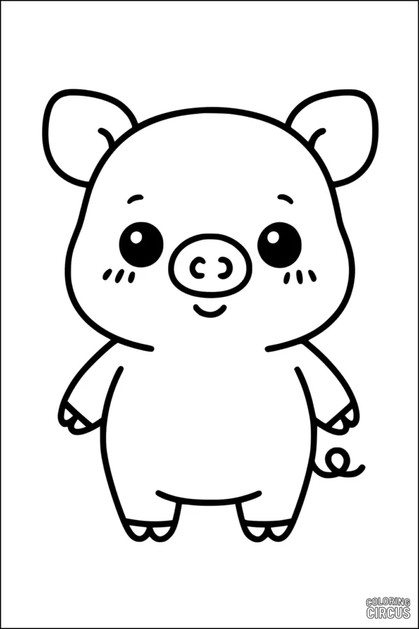 Coloring page of a cute standing pig with a curly tail and big eyes