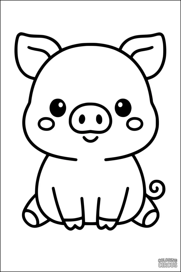 Coloring page of a cute cartoon piglet sitting and smiling, perfect for young children