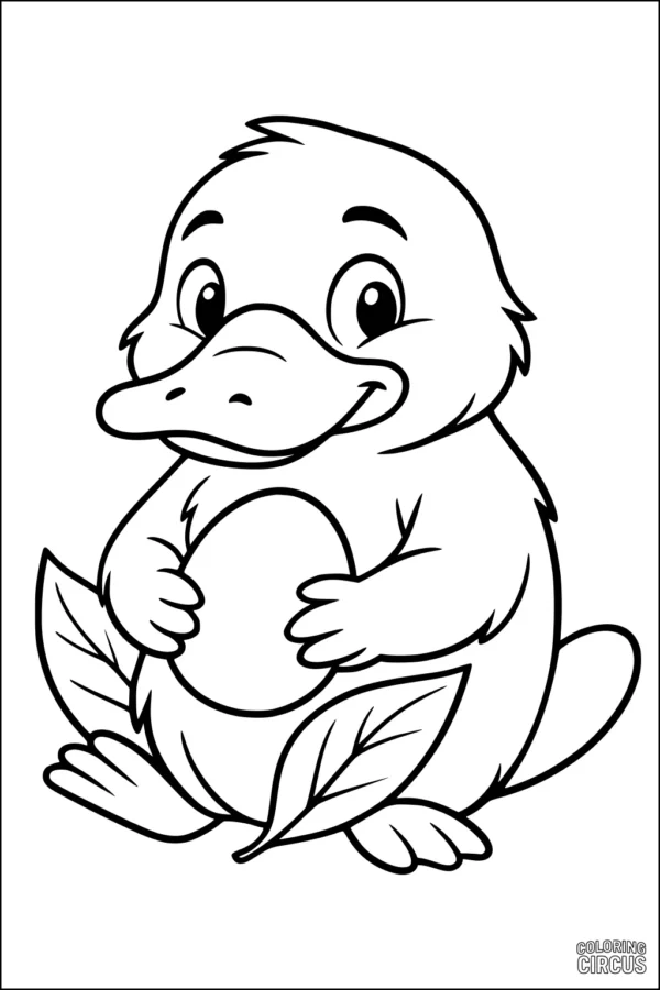 Coloring page featuring a smiling baby platypus holding an egg with leaves around it