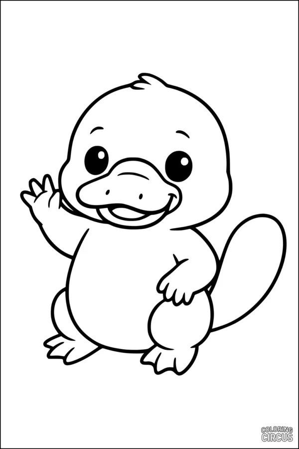 Coloring page featuring a cute cartoon platypus waving with a big smile