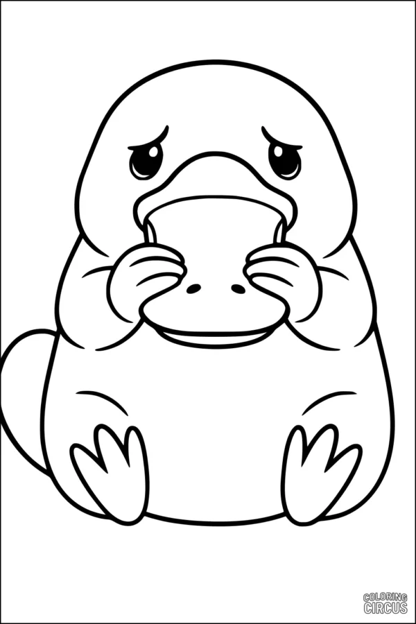 Coloring page of a cute baby platypus sitting and holding its bill