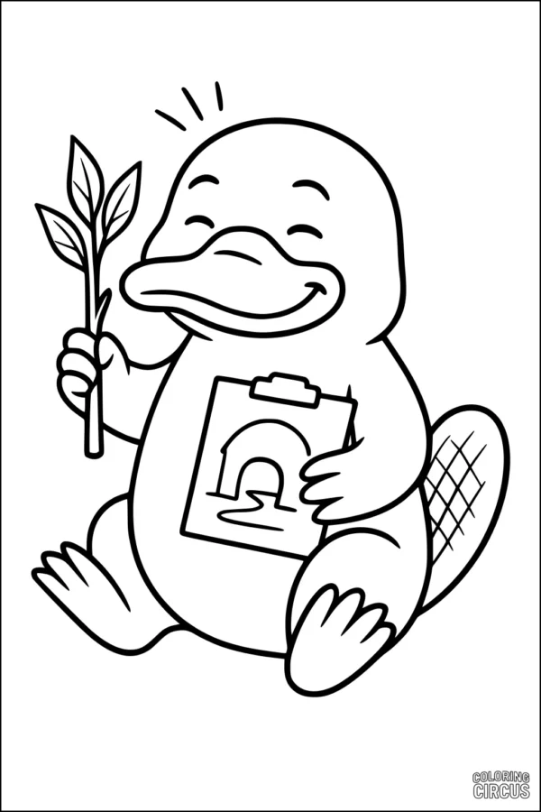 Coloring page of a smiling platypus holding a branch and a clipboard with a nest drawing