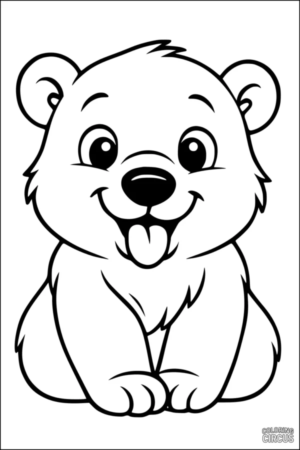 Coloring page of a happy cartoon polar bear cub sitting and smiling
