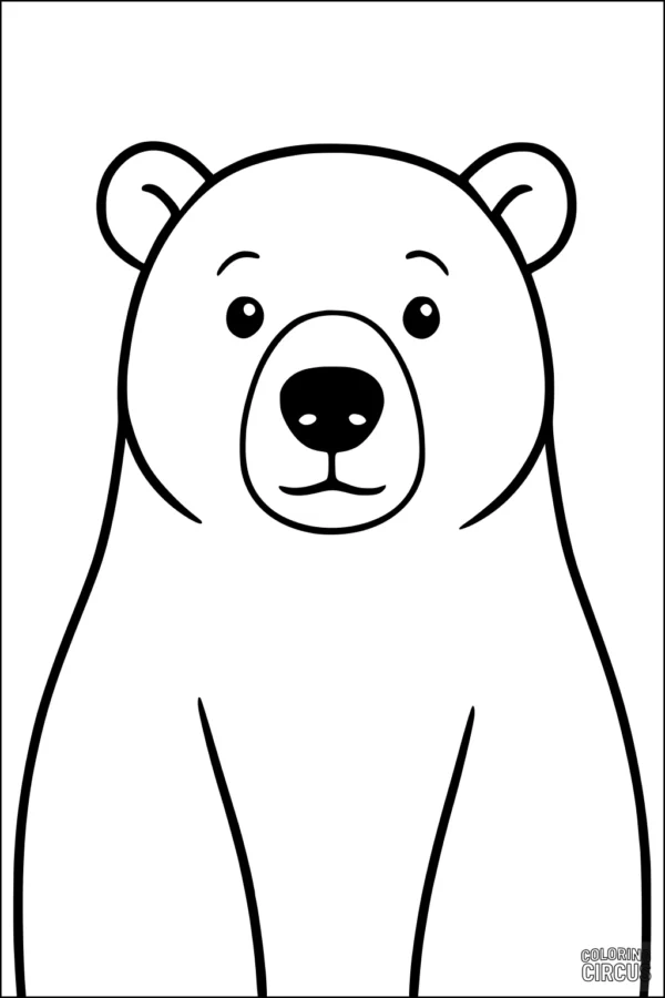 Coloring page featuring a simple cartoon polar bear sitting upright, perfect for young children