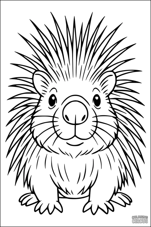 Coloring page featuring a friendly cartoon porcupine with big eyes and detailed quills