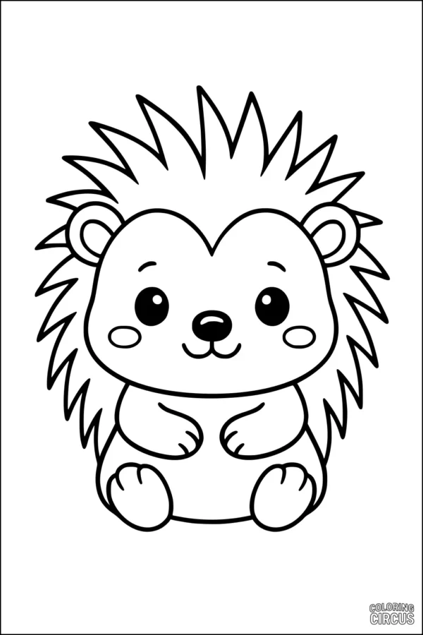 Coloring page showing a smiling cartoon porcupine with big eyes and fluffy quills