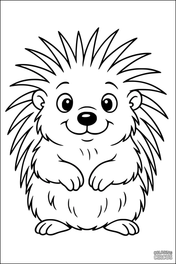 Coloring page featuring a smiling cartoon porcupine with friendly eyes and spiky quills
