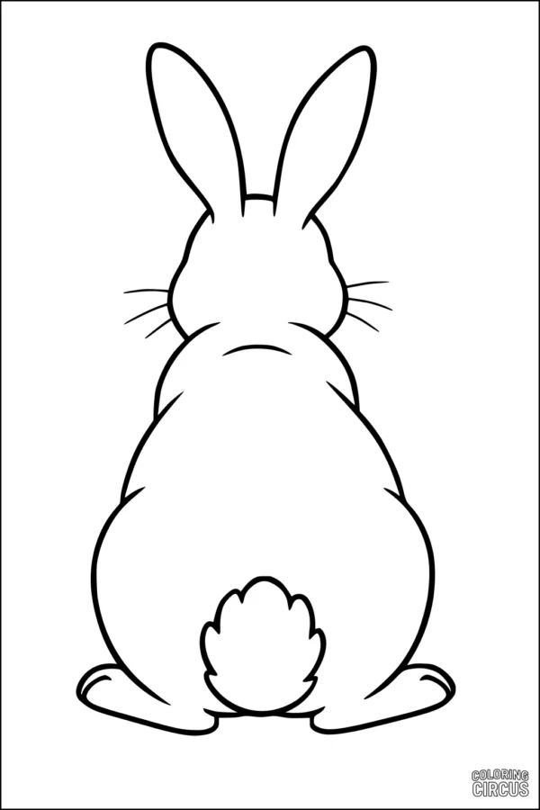 Coloring page featuring a simple cartoon rabbit seen from behind, with upright ears and a fluffy tail.