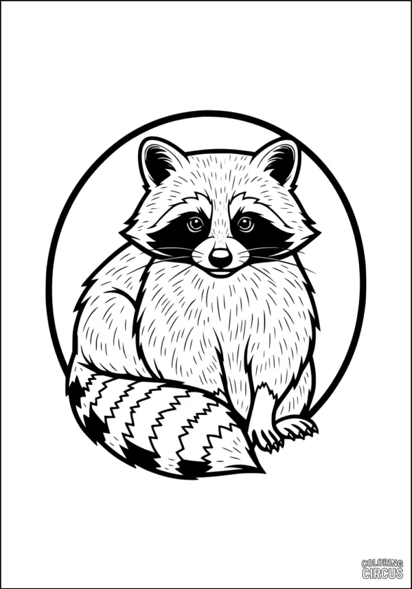 Coloring page of a cute raccoon sitting inside a circle