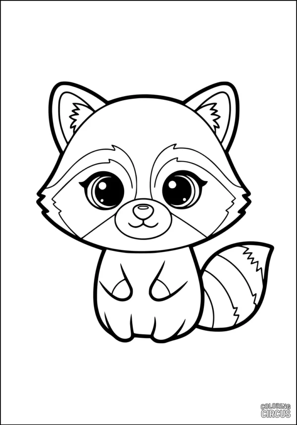 Coloring page of cute cartoon raccoon with big eyes and bushy tail