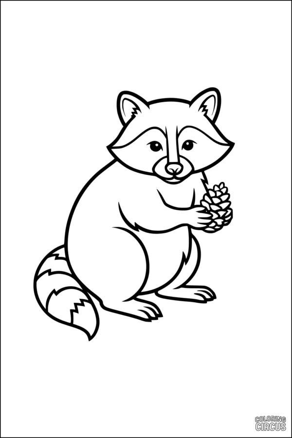 Coloring page of a cartoon raccoon holding a pinecone for kids